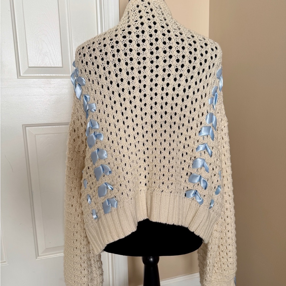 Altar’d State Cream Open Knit Cardigan Blue Ribbon Lace-Up Boho - Picture 4 of 7